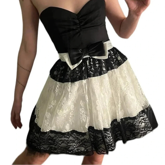 Jessica McClintock Gunne Sax Strapless Lace Tulle Satin Bow Mini Dress Sz 7 VTG - Picture 1 of 12